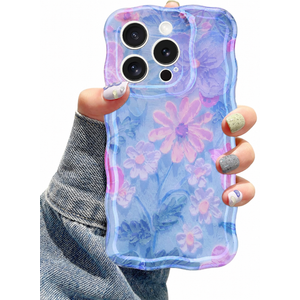 Jusy Compatible with iPhone 11 Pro Max, Colorful Retro Oil Painting Printed Flower Laser Glossy Pattern Cute Curly Wave Phone Case Soft TPU Cover for Girly Women - Blue Pink 