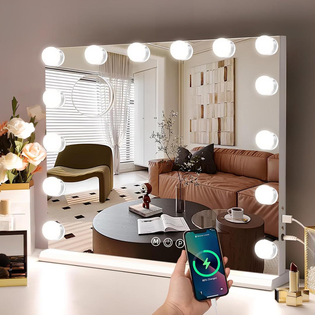 Hollywood Vanity Mirror with Lights, Lighted Makeup Mirror with 10X Magnification, Vanity Makeup Mirrors with Lights, USB Charging Port Touch Control, 14 LED Bulbs 3 Lighting Modes