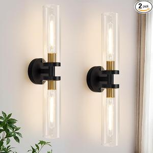 Wall Sconces Set of Two, 22" Black and Gold Bathroom Sconces with Clear Glass, Hardwired Modern Sconces Wall Decor Set of 2 Wall Light fixtures for Bathroom Mirror Living Room Hallway Bedroom (Bulbs not Included)