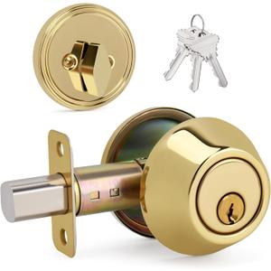 Round Design Single Cylinder Deadbolt with Keys, Exterior Keyed Dead Bolt Lock for Front Entrance Door Security, Polished Brass