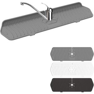 Sink Drain Mat Behind Faucet, Faucet Guard Draining Mat, 90 Foldable Tap Draining Mat for Kitchen Sink with 2 Water Ports, Faucet Drain Mats for Kitchen, Bathroom, etc (Gray, 17.7"*5.78")