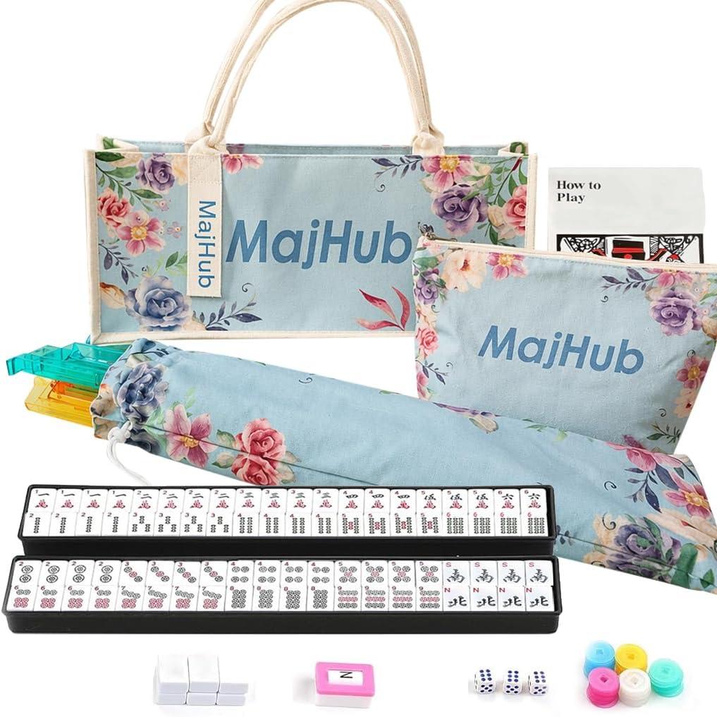American Mahjong Set, 166 Premium Tiles with 4 All-in-One Rack, Mahjong Tile Set 3 Dice, 100 Chips, Wind Indicator with Printed Carrying Bag for Seniors & Beginners, Family Game Night