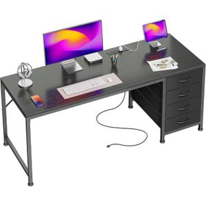 PRAISUN 55.1 Inch Computer Office Desk with Power Outelts and USB-C Port, Reversible Gaming Desk with 4 Fabric Drawers, Work Study Desk Work from Home, Black