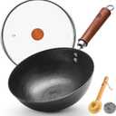 WANGYUANJI 9.5 Inch Small Cast Iron Wok with Lid - Handcrafted Tortoise Shell Texture Uncoated Stir Fry Pan, Flat Bottom Wok for Electric, Induction & Gas Stoves, 2.5 Quart (Requires Seasoning)