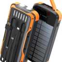 Solar Charger Power Bank, PD 20W Fast Charging External Batter, 40000mAh Portable Phone Charger Built in 4 Cables with Dual Bright Flashlights for Camping, Hiking, and Outdoor Use (Black-orange)