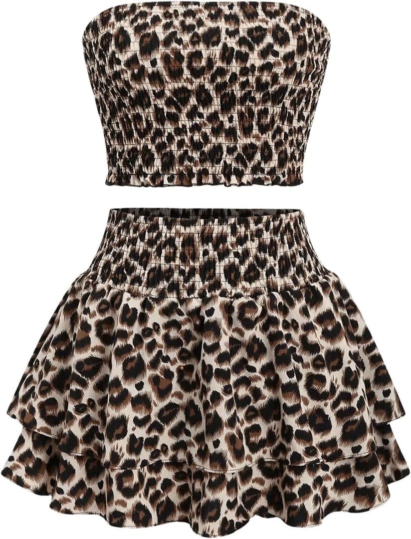 GORGLITTER Women's Sexy Summer Going Out Outfits Tube Tops Cheetah Leopard Print Y2k Mini Skirt Set (Black and Brown), XS