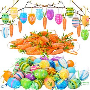 PullCrease 72 Pcs Pcs Hanging Easter Eggs Carrot Tree Ornaments Colorful Plastic Eggs and Foam Glitter Artificial Carrots for Easter Basket Tree Party Decoration