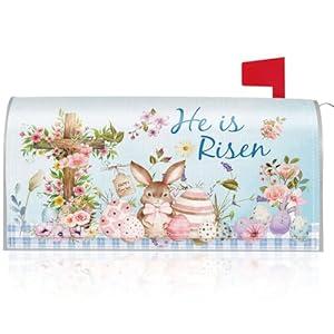 Easter Mailbox Covers Magnetic Standard Size, He is Risen Bunny Cross Floral Mailbox Wraps, Religious Easter Outdoor Garden Yard Decor