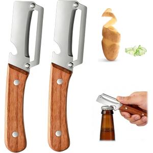 2 Pack Multifunctional Vegetable Peeler,Stainless Steel Peeler with Wooden Handle& Bottle Opener, 2 in 1 Vegetable Peeler for Kitchen, Zero Snag Wooden Kitchen Tool for Potato, Apple)