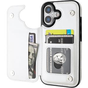 ONETOP Compatible with iPhone 17 Wallet Case with Card Holder, PU Leather Kickstand Card Slots Case, Double Magnetic Clasp and Durable Shockproof Cover 6.3 Inch (White)
