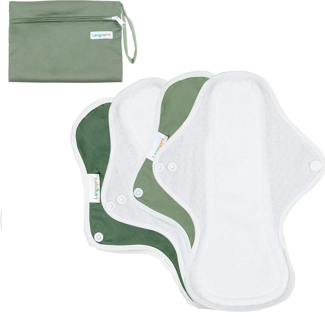 Langsprit Reusable Sanitary Pads for Women, Feminine Pads for Women Regular Absorbency Cotton Washable Cloth Menstrual Pads 4 pcs Set with Mini Wet Bag Leakfree and Periods (Medium)