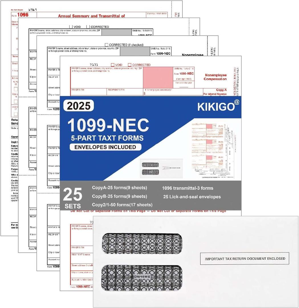1099 NEC Tax Forms 2025 with 25 Lick-and-Seal Envelopes, 4 Part Tax Forms Kit, Compatible with QuickBooks and Accounting Software