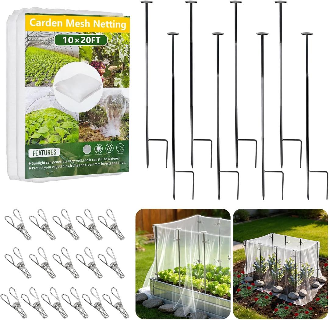 Metal Garden Netting Kit, 8 Pack 2.7ft Sturdy Outdoor Raised Beds Garden Stake Netting Support with 10' 20' Durable Fine Insect Netting for Garden &16pcs Fixing Clips Plant Covers Set Pest Barrier