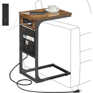 TUTOTAK C Shaped End Table with Charging Station, Side Table for Sofa, Couch Table with Storage Bag, TV Tray with 2 USB Ports and Outlets for Living Room, Bedroom, Brown TB01BB024