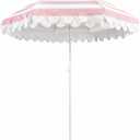 Funsite 6.5Ft Classic Beach Umbrella with Fringe, Scalloped Patio Umbrella with Push Button Tilt, UPF50+ Portable Outdoor Umbrellas for Garden Lawn Pool, Carry Bag, Pink White Stripe