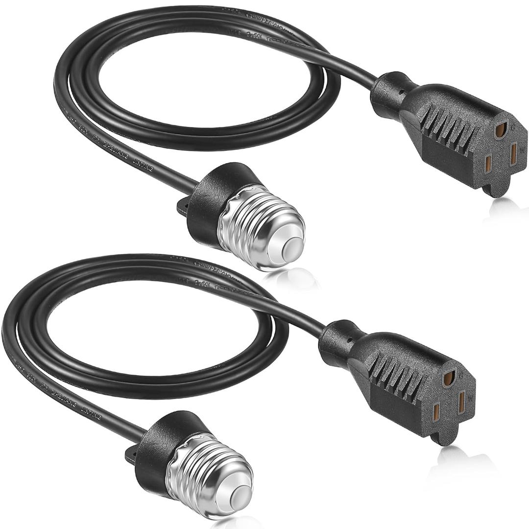 3 Outlet Light Socket Adapter, Convert E26/E27 Bulb Socket to 3 Prong Outlet with Extension Cord, Flexible Light Bulb Plug Converter Suitable for Indoor Outdoor Porch Garage Patio Use(Black,2 Pcs)