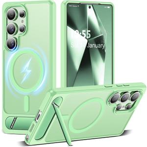 Compatible with Samsung Galaxy S24 Ultra Case [Built-in Invisible Kickstand][Compatible with Mag-Safe] Military Grade Shockproof Translucent Phone Case for S24 Ultra 6.8'',Green