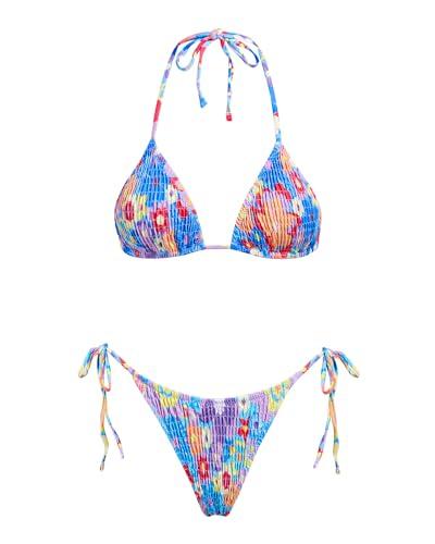 VOLAFA Women's Triangle Bikini Set String Swimsuit Print Tie Smocked Ruched Two Piece Bathing Suit (Small, Blue Floral1)