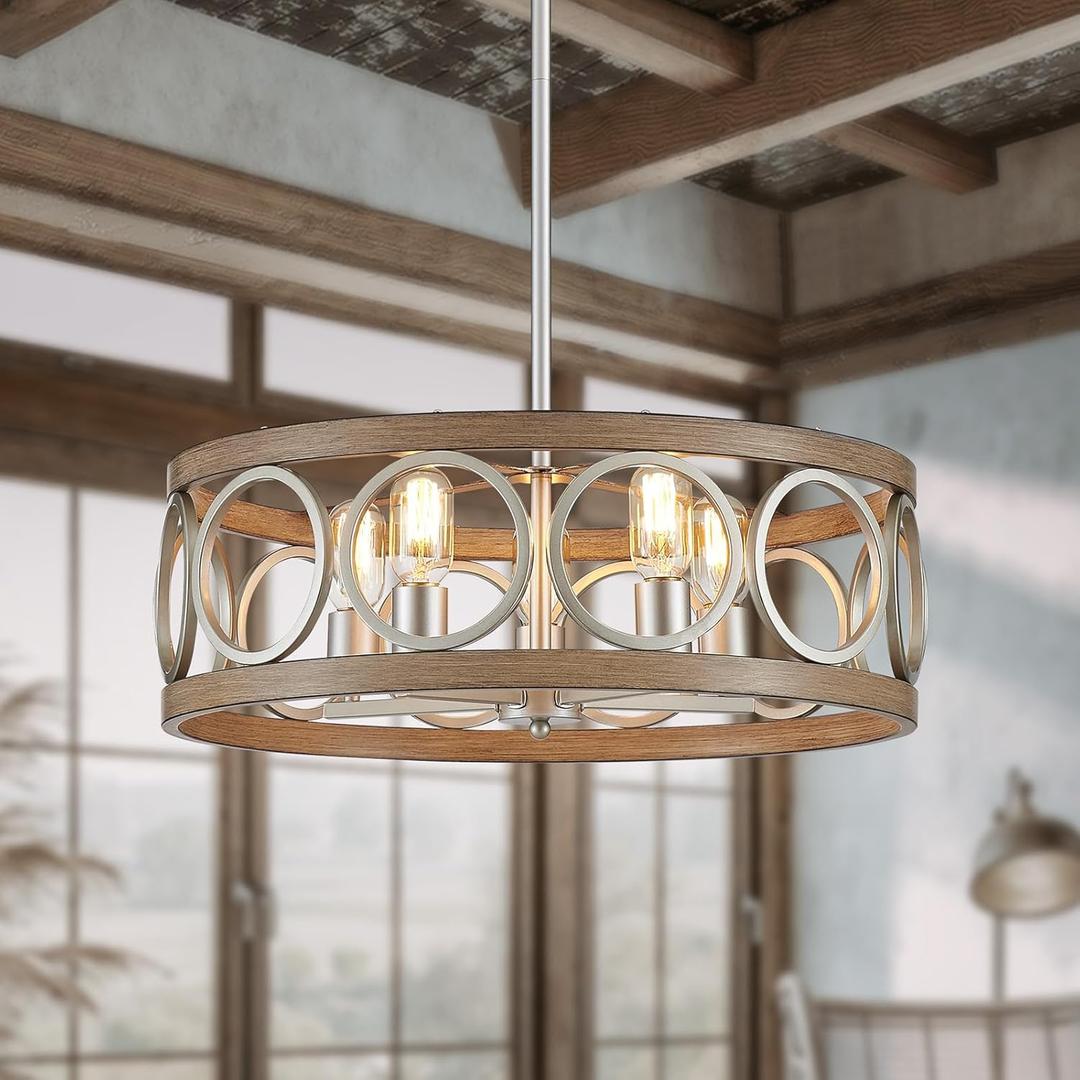 XINGQI 21.7" Drum Chandelier, Farmhouse Dining Room Light Fixture, Wood Grain Brushed Nickel Kitchen Lighting 5 Light with Round Metal Shade Vintage Hanging Light for Living Room Bedroom