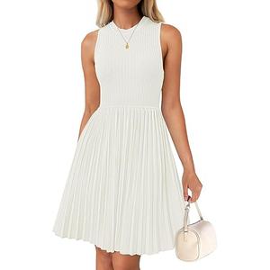 ZESICA Women's Spring Sleeveless Cocktail Dresses 2026 Summer Crewneck Flowy Wedding Guest Party A Line Midi Dress (White, S)