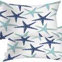 Coastal Nautical Pillow Covers, Coastal Nautical Starfish Repeat Pattern Navy Blue Lumbar 12 x 20 Inches Decorative Throw Pillow Covers Cotton Cushion for Sofa Bedroom Car, Blue 07, Set of 2