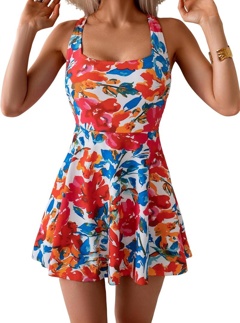 B2prity Women's One Piece Swimdress Swimsuit Tummy Control Swim Dress Modest Full Coverage Bathing Suit with Skirt (Large, Red, Blue Floral)