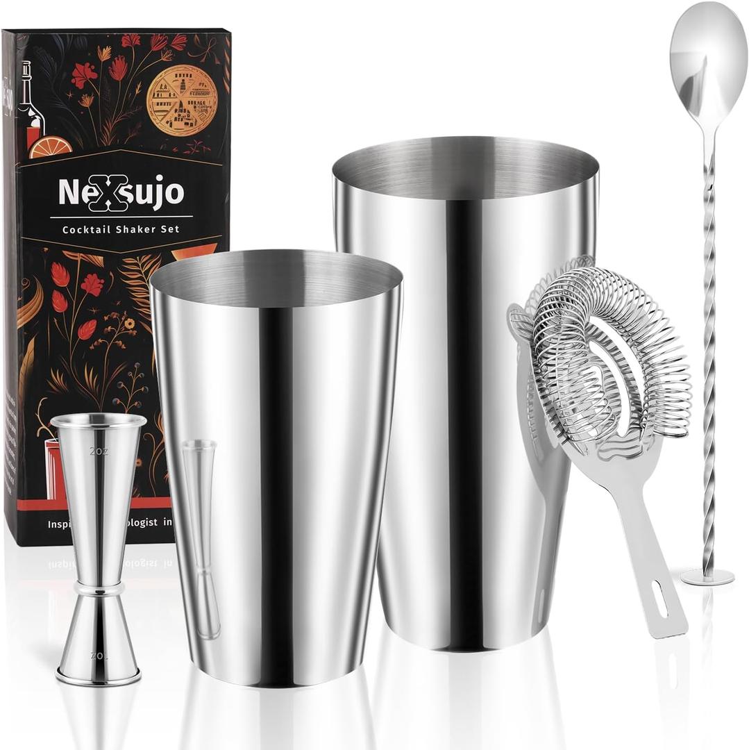 Boston Cocktail Shaker Set, 4-Piece Bar Tools Set, Professional Bar Set with Boston Shaker, Bar Spoon, Jigger, Hawthorne Strainer, Stainless Steel, Dishwasher Safe, Ideal Bartender Kit for Bar (Silver)