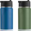 koodee Water Bottle for School 2 Pack 16 oz Stainless Steel Vscuum Insulated Sports Water Bottle with Straw for Boys (Navy-Grass Green)