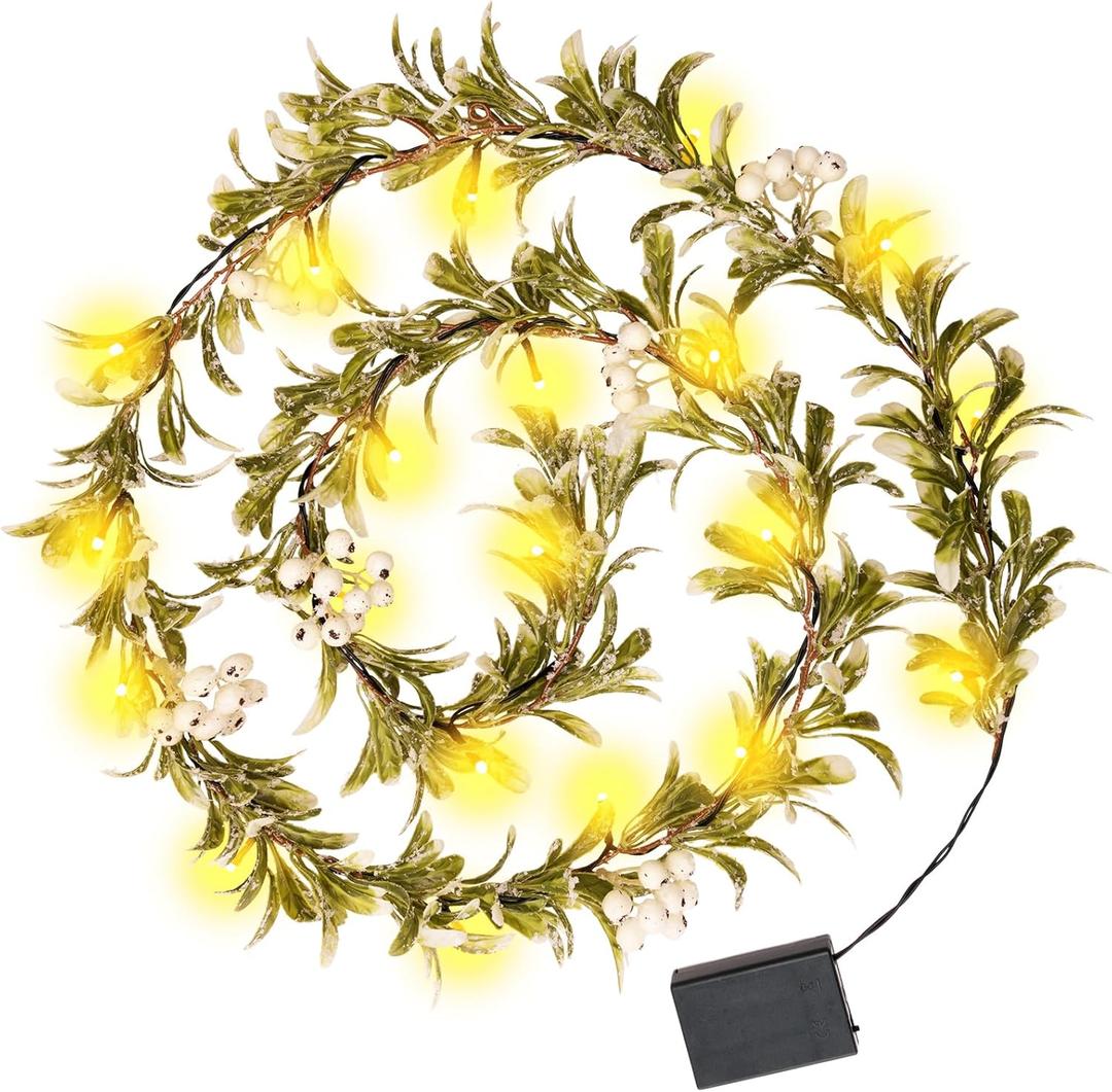 6FT Christmas Winter Mistletoe Olive Garland with White Berries, Christmas Greenery Garlands with 20 LED Lights, Pre-lit Garland for Mantel Fireplace Stair Table Winter Holiday Decorations