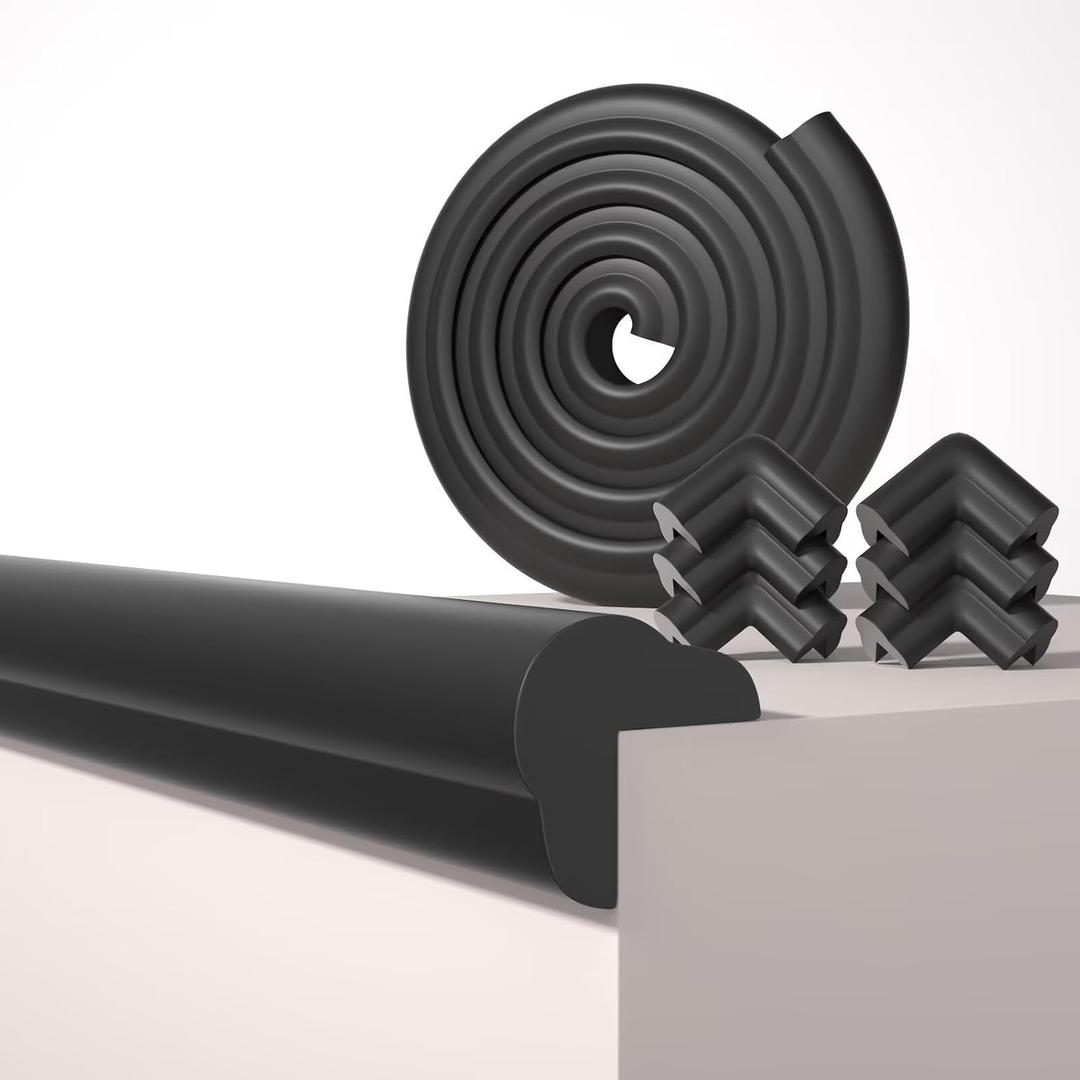 L-Shape 6.56FT 0.6'' Thick Baby Proof Corners and Edges, Pre-Taped | Thickened Upgrade, with 6 Corner Covers, Soft Rubber Foam Furniture Corner Bumper Guards for Table Wall Fireplace, Black