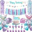 Mermaid Birthday Party Decorations Supplies Banner Tassel Garland Bubble Garland Hanging Jelly Fish Paper Lanterns Balloons Cake Topper Mermaid Happy Birthday Decorations for Kids Girls Women