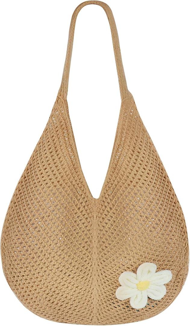Topdear Crochet Tote Bag for Women, Crochet Mesh Beach Tote Bag, Summer Vacation Sunflower Knitted Bag for Women Shoulder (Khaki)