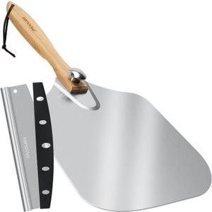 Mooues Pizza Peel Aluminum Pizza Spatula, Metal Pizza Paddle(14inx 16in) with Rocker Cutter Foldable Wood Handle, [Storage bag included], for Family Pizza Oven Baking Pizza, Dough, Bread & Pastry