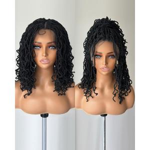 X-TRESS Dry Braided Faux Locs Wigs for Big Head Black Women - Embroidered Full Lace Front Synthetic Wigs with Less Baby Hair, 14" Black Color Short Twist Braid Dreadlocks Wig (1B)