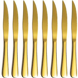 Gold Steak Knife Set, Kyrtaon Golden Serrated Knife, Titanium Gold Plating Stainless Steel Sharp Knives Set, Dinner Knifes Set of 8, Dishwasher Safe Sturdy And Easy To Clean