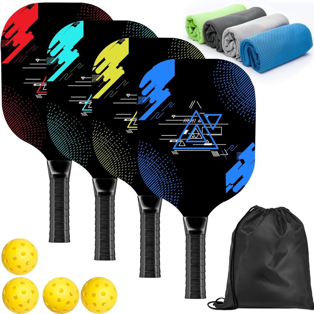 Pickleball Set with 4 Premium Wood Paddles, Cushion Comfort Grip, 4 Cooling Towels, 4 Pickleball Balls & Carry Bag, Pickle Ball Paddle for Men Women, One Size