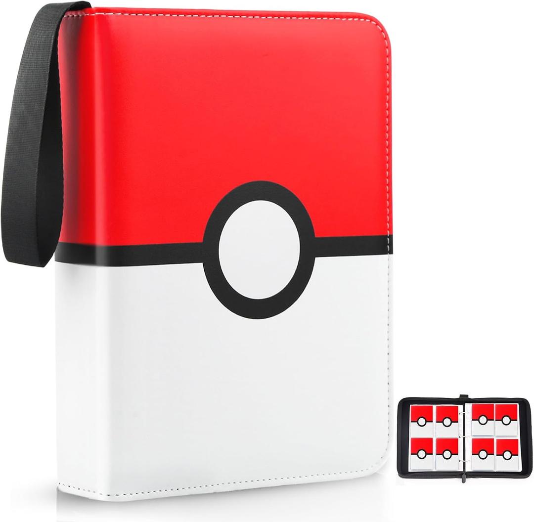 Card Binder 4 Pocket, Trading Card Holder Fits 400 Cards With 50 Removable Sleeves, Portable Collection Card Ablum, Game Card Case book With Zipper for Gift, Red (Large)