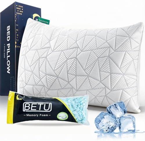 BETU Standard Pillow, Cooling Shredded Memory Foam Pillow for Hot Sleepers College Dorm Room Essentials, Adjustable Firm Gel Cool Pillow for Back Pain and Side Sleeping, Birthday Gifts for Boyfriend
