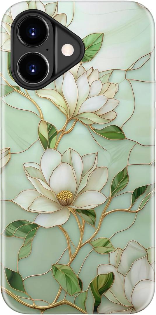 STARVIP for iPhone 17 Case Cute - Wireless Charging Compatible - Dual-Layer Hard Shell + Silicone Cover - Aesthetic Protective Phone Case for Women - Vintage Magnolia Flowers