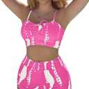 SHENHE Women's Tie Dye Tankini Swimsuits High Waisted Tummy Control Bikini Sets (Medium, Pink and White)