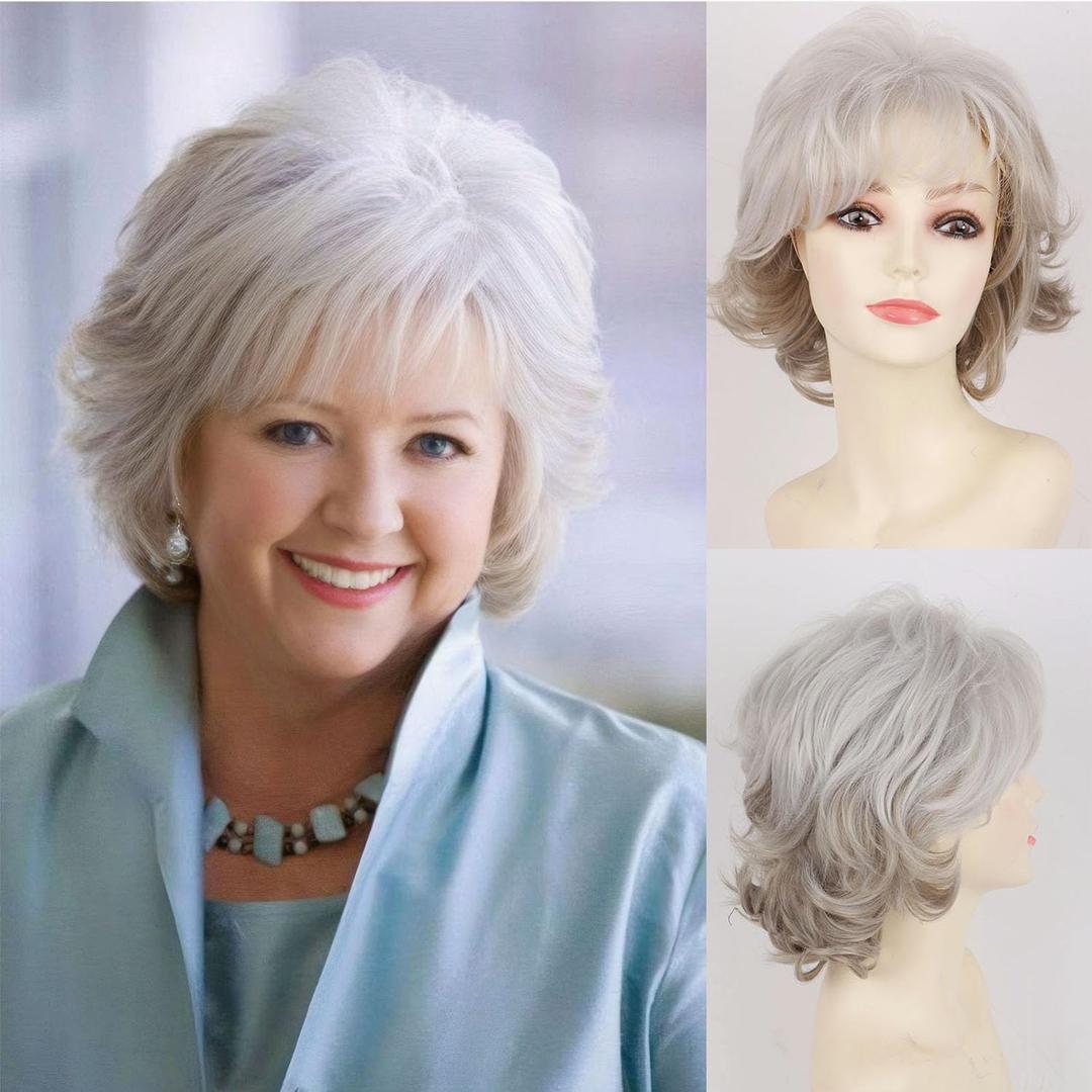 SCENTW Short White to Grey Wigs for White Women Natural Curly Short Layered Silver Gray Pixie Cut Wigs with White Bangs Synthetic Hair Silver WIG for Older Women