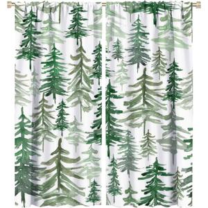 Green Forest Tree Curtain, Pine Coniferous Trees Forest Watercolor Design Room Darkening Door Window Rod Pocket Curtain for Bedroom Living Room 42x54in (Style-6)
