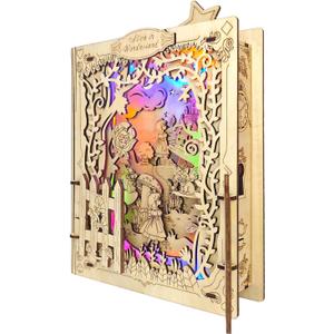 3D Wooden Puzzles for Kids - Alice in Wonderland Book Nook Kits with Night Light Feature