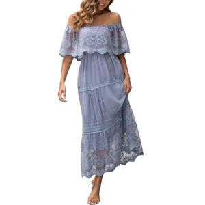 Women's Off The Shoulder Embroidered Lace Maxi Wedding Dress Boho Brides Bridesmaid Wedding Guest Party Maternity Photoshoot Dresses Grey Blue 2XL