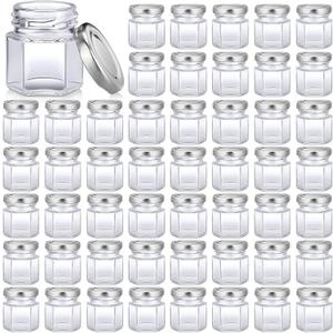 Nuogo 100 Pack 1.5oz Mini Hexagon Glass Jars Bulk for Wedding Small Honey Jars with Lids for Spice Canning Mason Gifts Candy Honey Wedding Party Favors DIY Crafts(Silver)