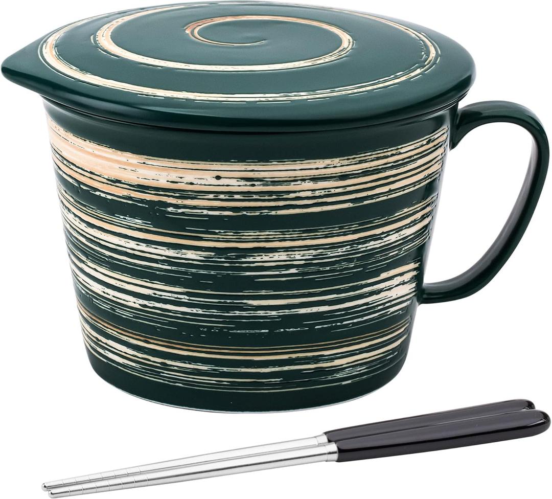 Ramen Bowl Set with Chopsticks, Unique Instant Ramen Noodle Bowls with Lid, 29 OZ Large Ceramic Soup Bowls with Handle, Japanese Ramen Cooker, Microwave safe (Green)