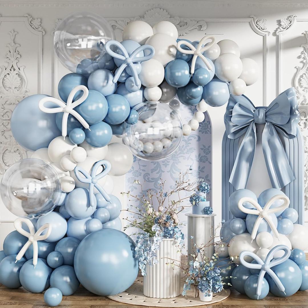 Dusty Blue Balloons Arch Kit, 134 Pcs Muted Light Baby Slate Blue and White Balloon Garland mit 18 Inch Pale Clear Balloon *5, Long Balloon as Bow Decor for Baby Shower Boy Gender Reveal Wedding, 18-inch, 10-inch, 5-inch, 12-inch, 60-inch