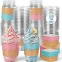 Qinyoung 50 Set Ice Cream Party Cups, 16 oz Plastic Ice Cream Disposable Cups with Sleeves Bulk, Sprinkle Summer Birthday Party Decorations Cold Drinking Favors for Iced Coffee, Smoothie, Milkshake, 4.8 x 3.86 inches