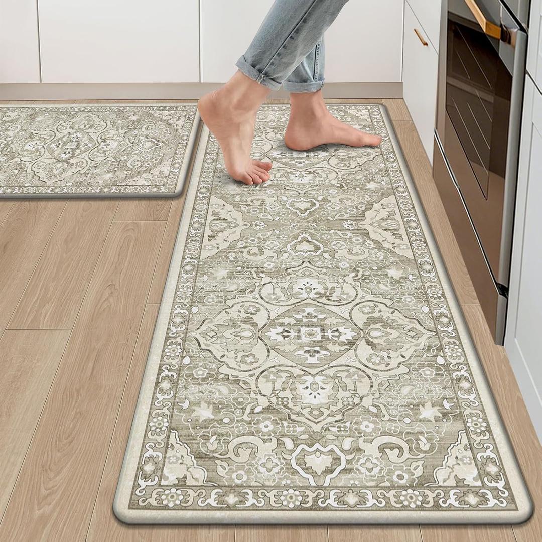 Ileading Anti Fatigue Kitchen Rugs Sets of 2 Cushioned Kitchen Mats for Floor Waterproof Kitchen Mat Set Non Slip Comfort Standing Mat for Kitchen, Office, Sink, Laundry (17"x47"+17"x28"-0.4'', Beige&brown)