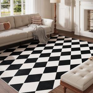 5x7 Washable Checkered Rugs for Bedroom, Black and White Area Rug for Living Room, Geometric Faux Wool Carpet for Kids, Girls, Boys Playroom, Dorm, Nursery, Dining Room, Kitchen, Non Slip,